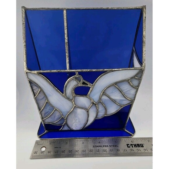 Hand Crafted Sturdy Stained Glass Blue and Milky White Translucent Glass, RH 84 - Picture 5 of 11